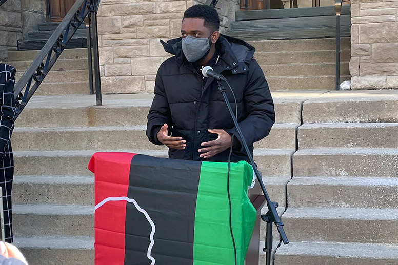 Richard Sofoluke, MD Class of 2023, at the Pan-African Flag raising at Scranton City Hall in 2021.