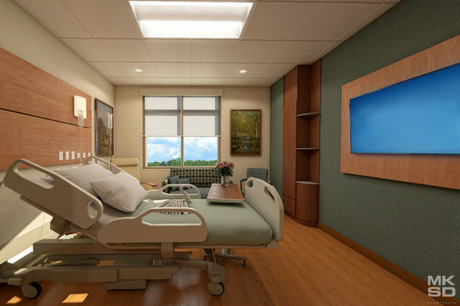 Rendering of a patient room in Geisinger St. Luke's Hospital.