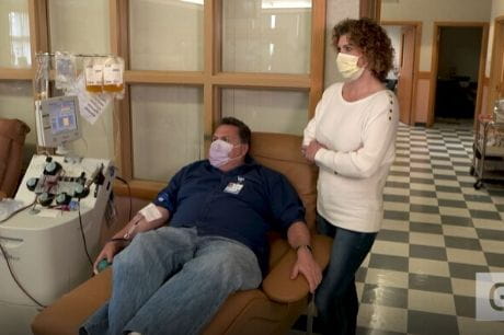 Patrick Konitzer M.D., a COVID-19 plasma donor, undergoes the donation process at Geisinger Medical Center in Danville, as registered nurse Stephanie Wise watches nearby.