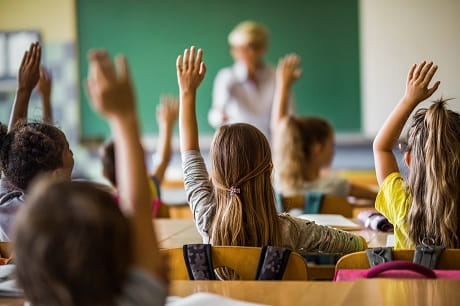 Back view of elementary students raising their arms