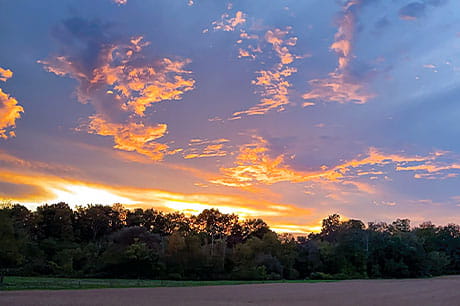 The sun sets below the tree line in a rural Pennsylvania field.
