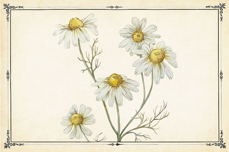 A vintage illustration of chamomile flowers.