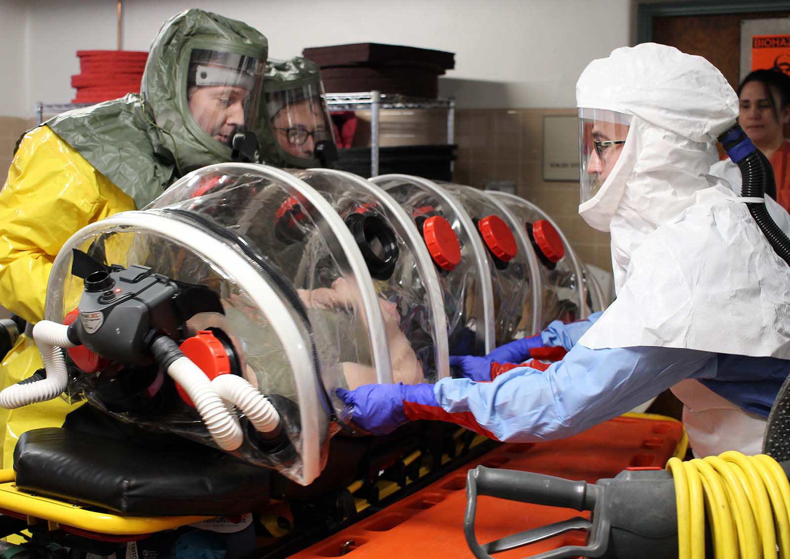 Members of Geisinger’s emergency preparedness team practice different scenarios in the biocontainment unit at Geisinger Shamokin Area Community Hospital.